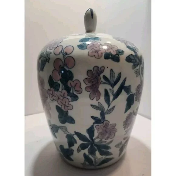 Vtg Chinese Ginger/Temple Jar Temple with Lid Pink Florals Green Leaves on White